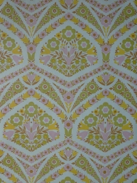 Geel, roze en groen medaillon met bloem vintage behang